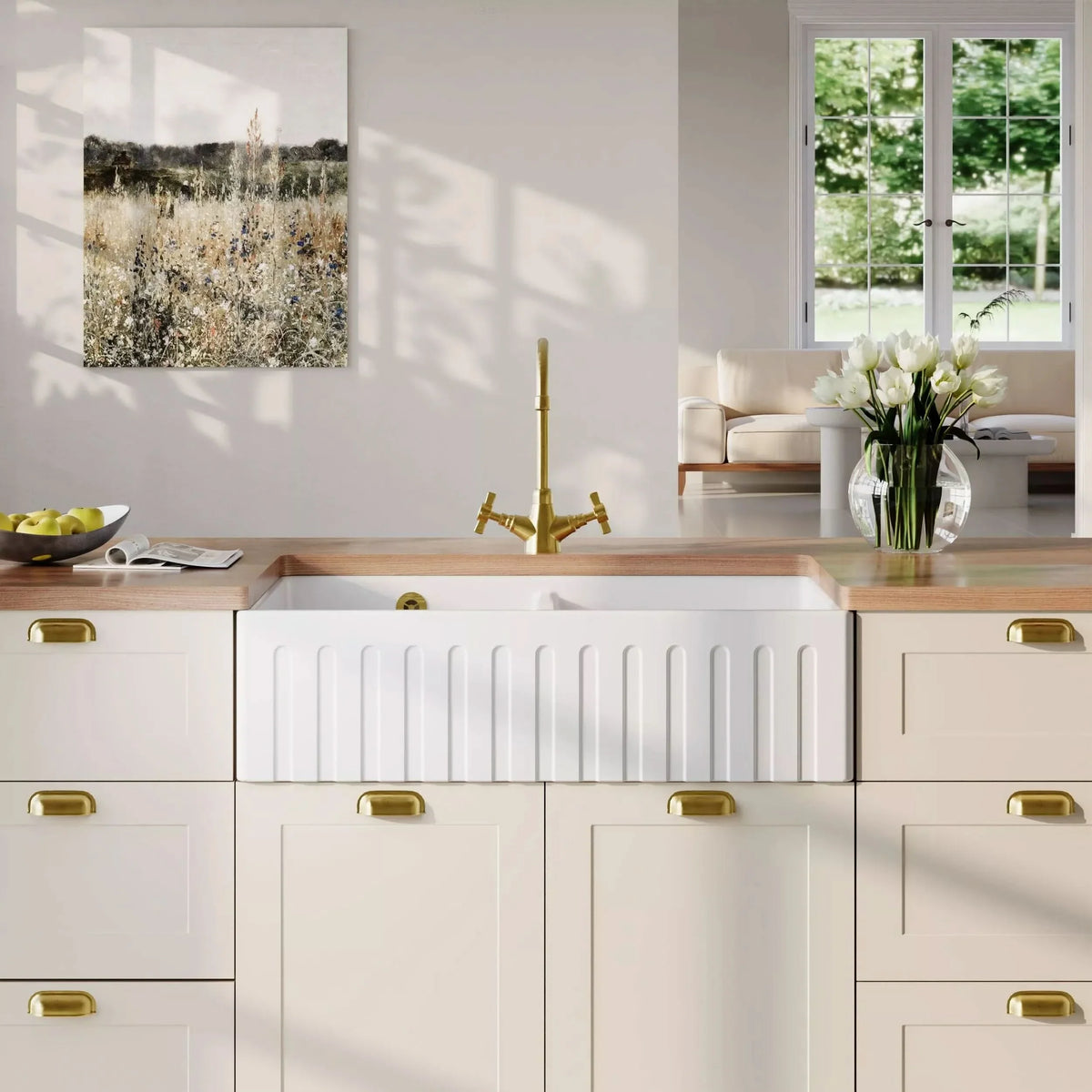 Inspire 795mm Double Bowl Fluted Butler Sink With Central Wastes And Overflow - White