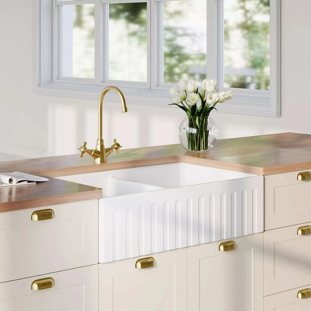 Inspire 795mm Double Bowl Fluted Butler Sink With Central Wastes And Overflow - White