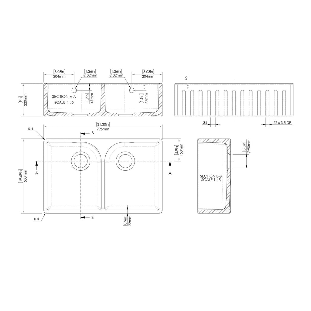 Inspire Double Bowl Fluted Butler Sink With Full Weir, Central Waste And Overflow - White