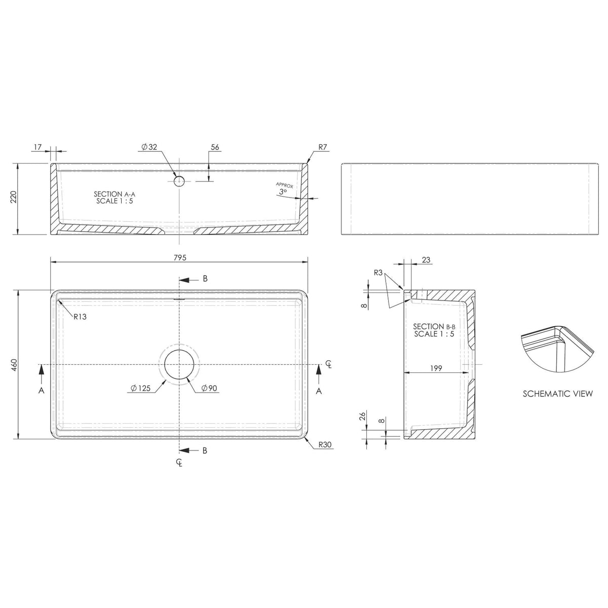 Inspire Fluted Butler Sink With Ledge, Wire Grid And Chopping Board - White