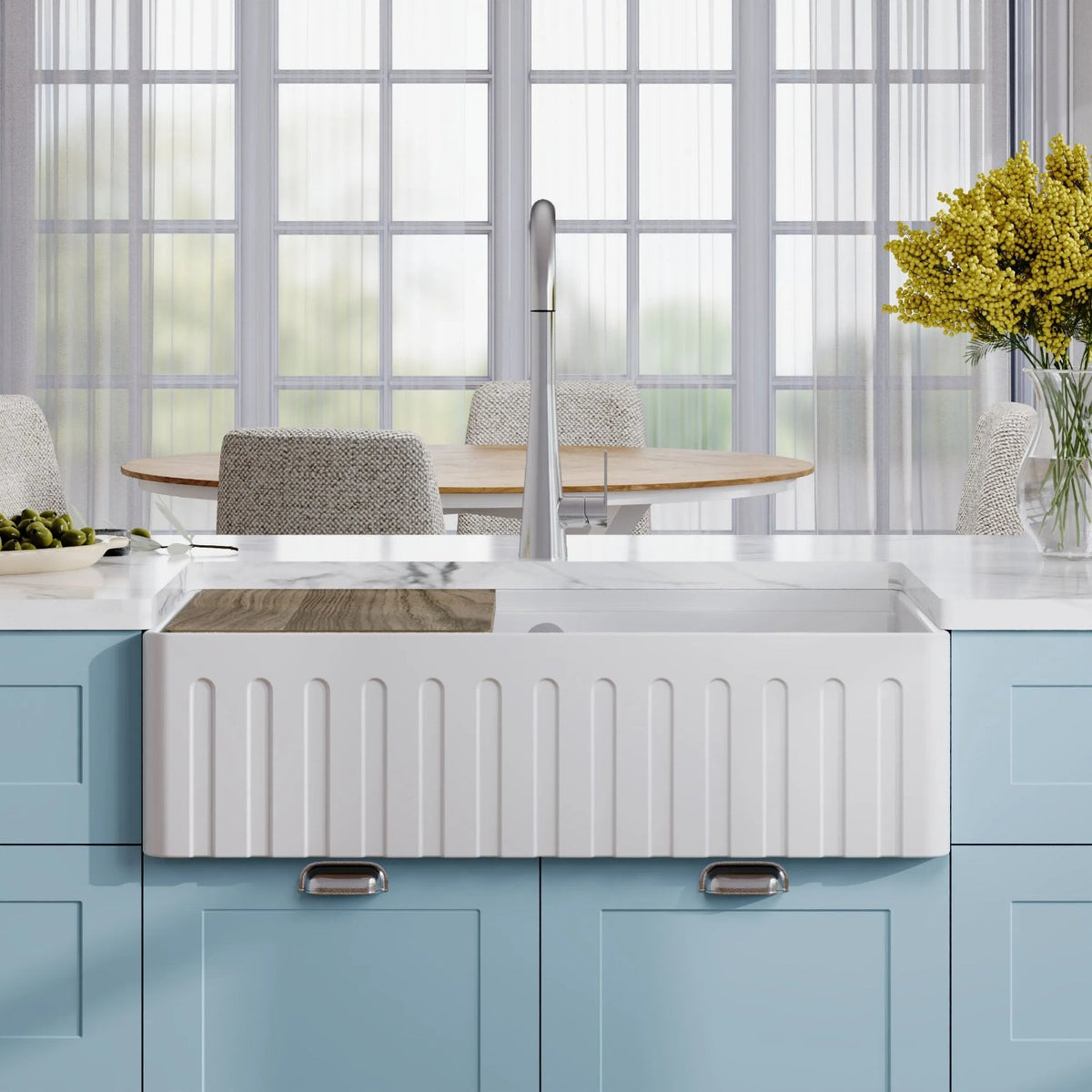 Inspire Fluted Butler Sink With Ledge, Wire Grid And Chopping Board - White