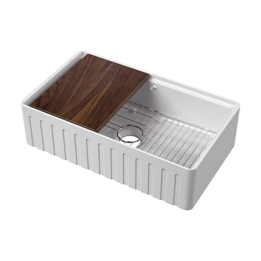 Inspire Fluted Butler Sink With Ledge, Wire Grid And Chopping Board - White