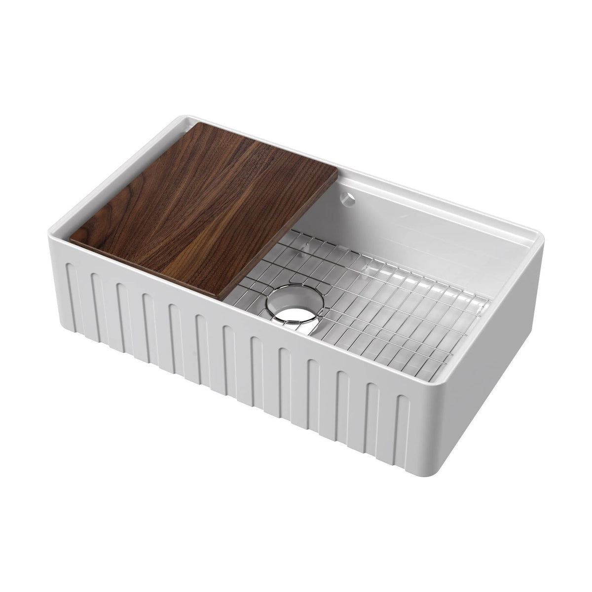 Inspire Fluted Butler Sink With Ledge, Wire Grid And Chopping Board - White