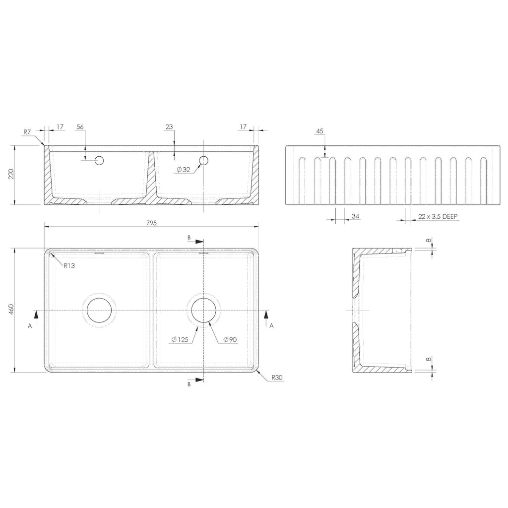 Inspire Fluted Butler Sink With Ledge, Wire Grid And Chopping Board - White