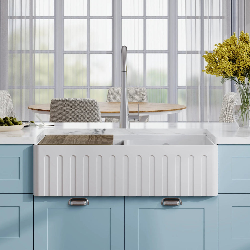 Inspire Fluted Butler Sink With Ledge, Wire Grid And Chopping Board - White