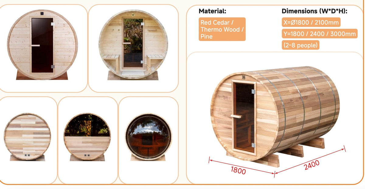 Outdoor Barrel Sauna — Red Cedar / Thermo Pine Wood | 2-8 Person