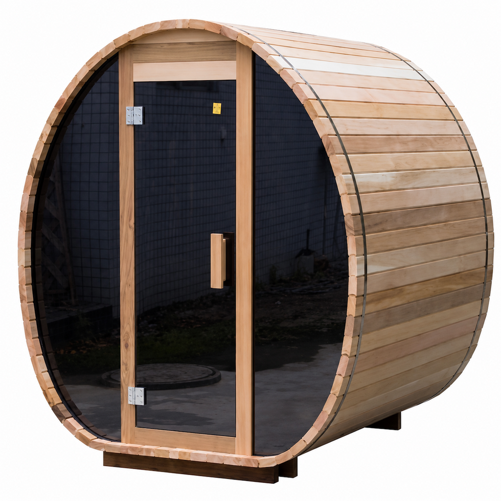 Compact Barrel Sauna with LED Lighting — Red Cedar / Thermo Wood / Pine | 2-3 Person
