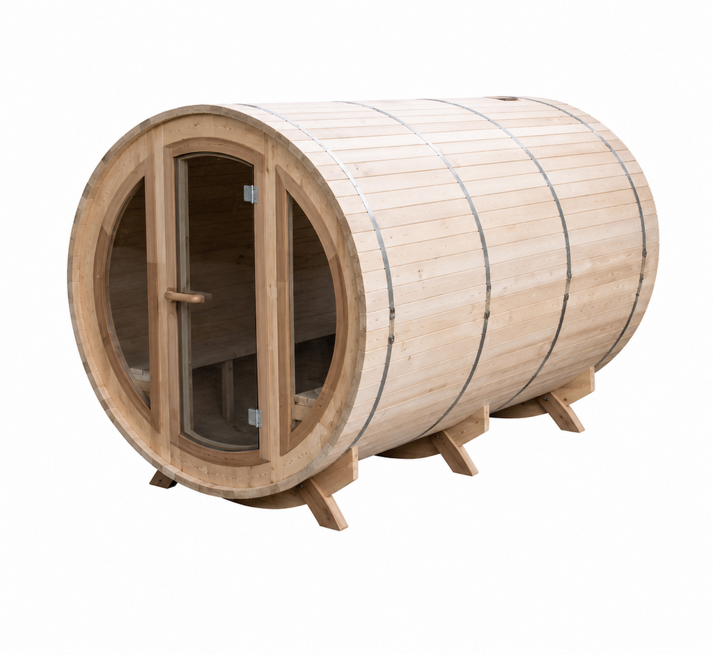 Large Outdoor Barrel Sauna with Arched Glass Door — Thermo Pine Wood | 2-6 Person