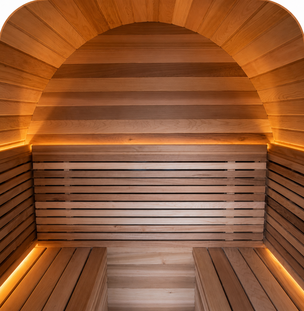 Compact Barrel Sauna with LED Lighting — Red Cedar / Thermo Wood / Pine | 2-3 Person