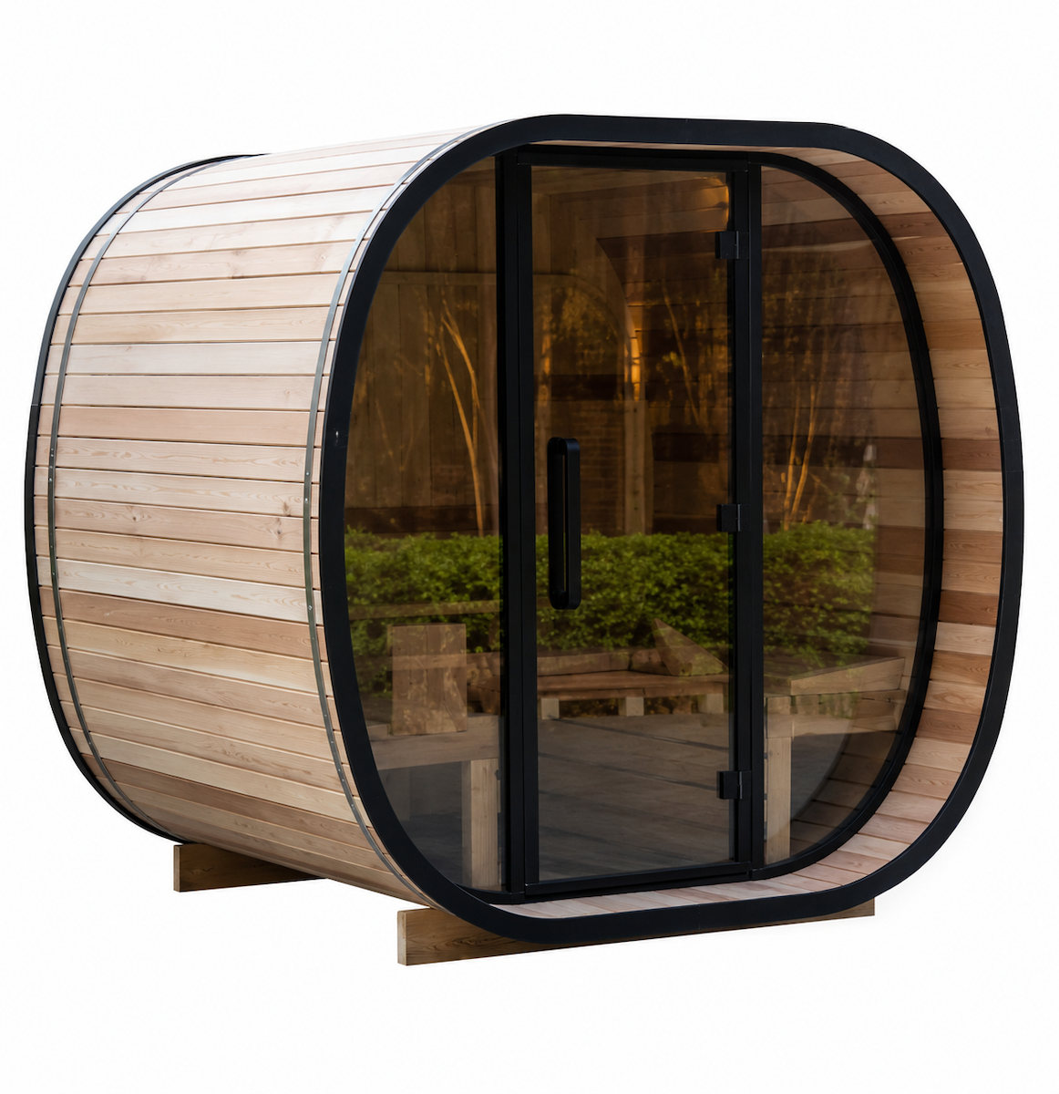 Outdoor Barrel Sauna with Panoramic Glass Door — Red Cedar / Thermo Wood / Pine | 2-4 Person