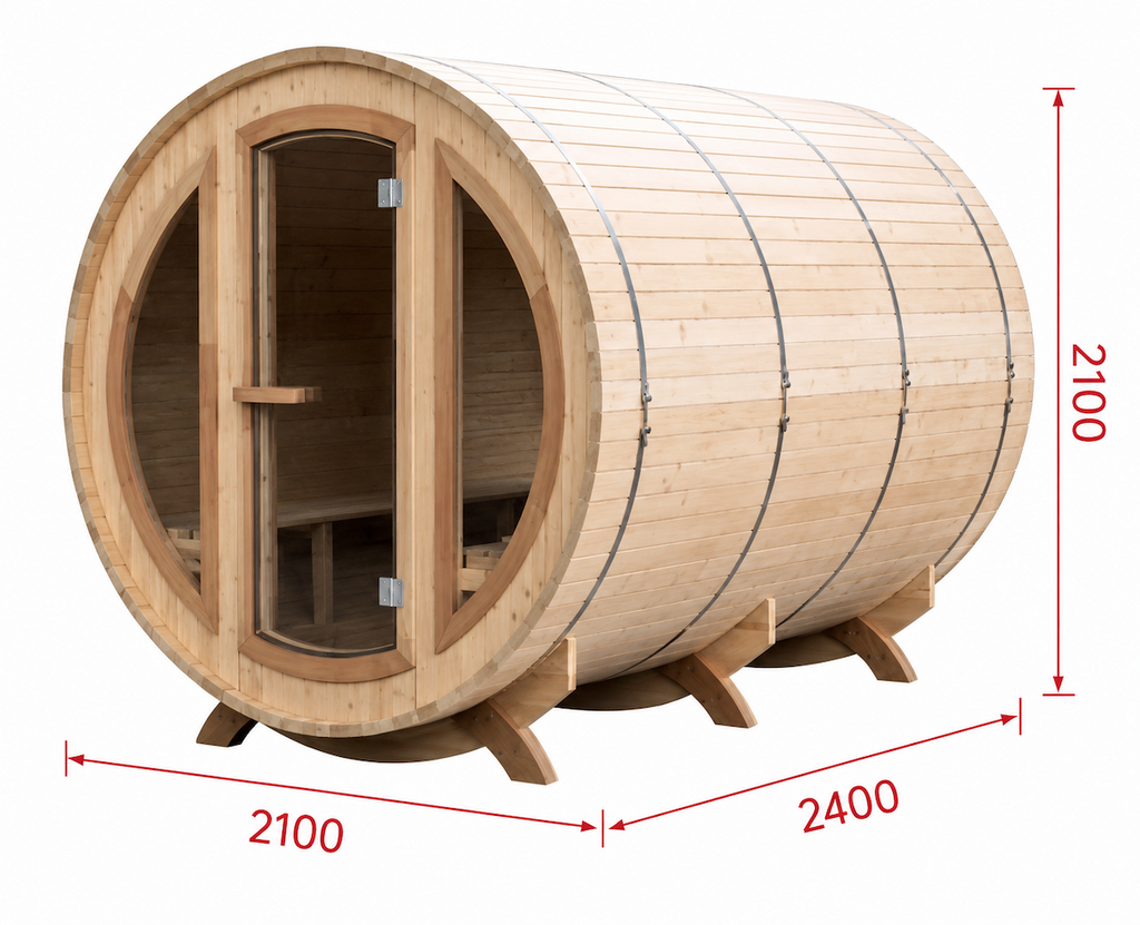 Large Outdoor Barrel Sauna with Arched Glass Door — Thermo Pine Wood | 2-6 Person