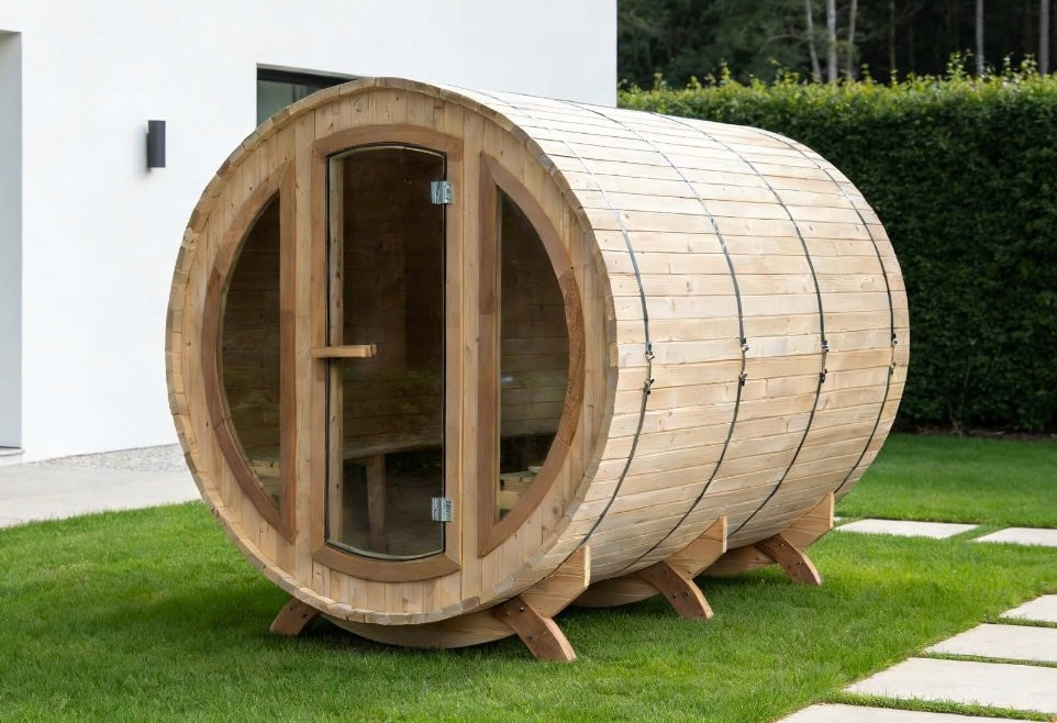 Large Outdoor Barrel Sauna with Arched Glass Door — Thermo Pine Wood | 2-6 Person