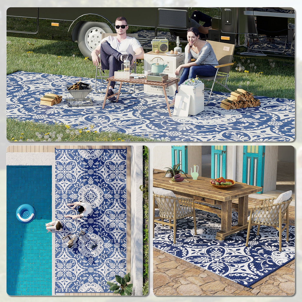 9' x 18' Reversible Outdoor Rug, Blue & White Floral