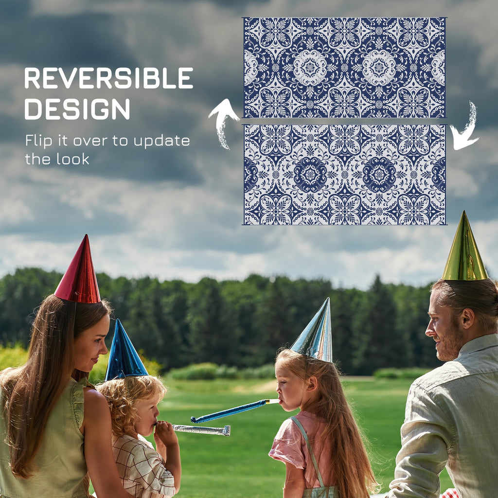 9' x 18' Reversible Outdoor Rug, Blue & White Floral