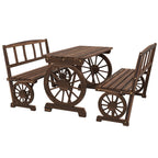 3PC Outdoor Wooden Table & Chairs for 4, Carriage Wheels Patio Set for Porch, Carbonized