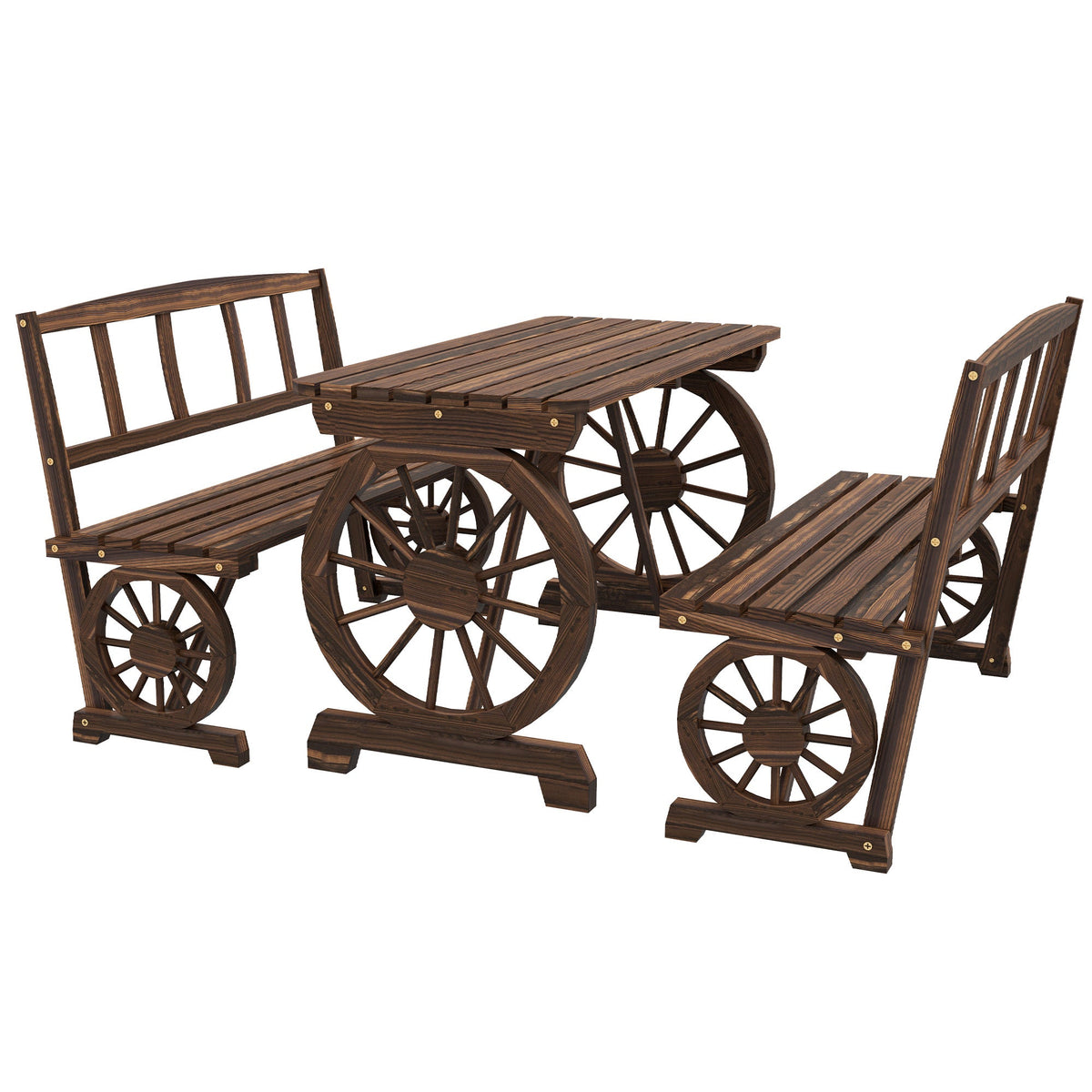 3PC Outdoor Wooden Table & Chairs for 4, Carriage Wheels Patio Set for Porch, Carbonized