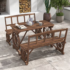 3PC Outdoor Wooden Table & Chairs for 4, Carriage Wheels Patio Set for Porch, Carbonized