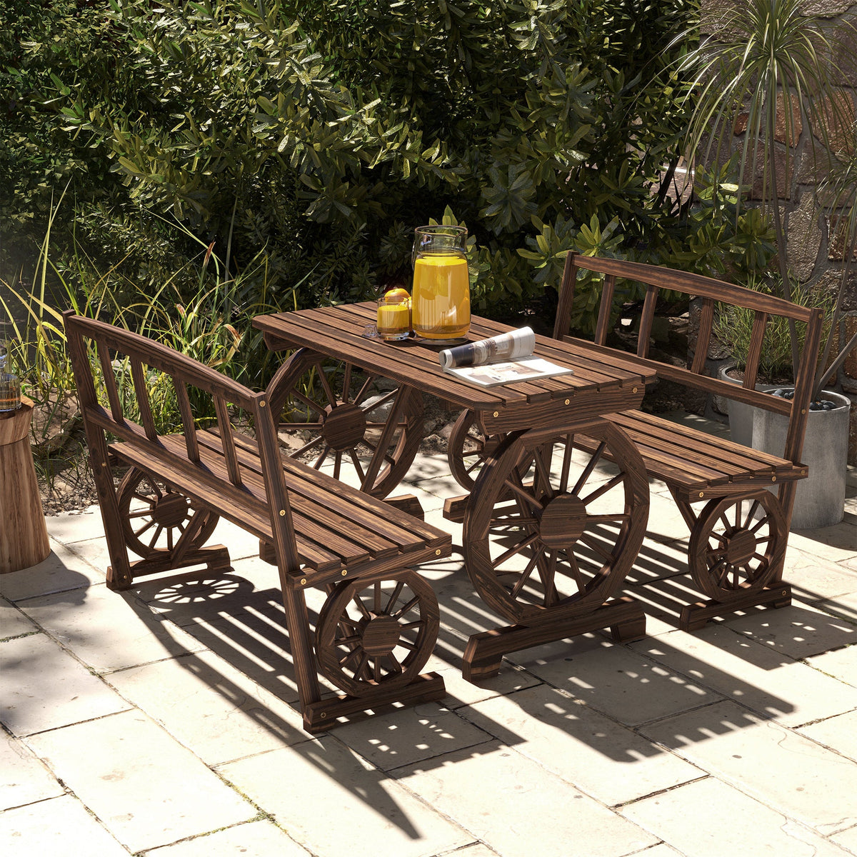 3PC Outdoor Wooden Table & Chairs for 4, Carriage Wheels Patio Set for Porch, Carbonized