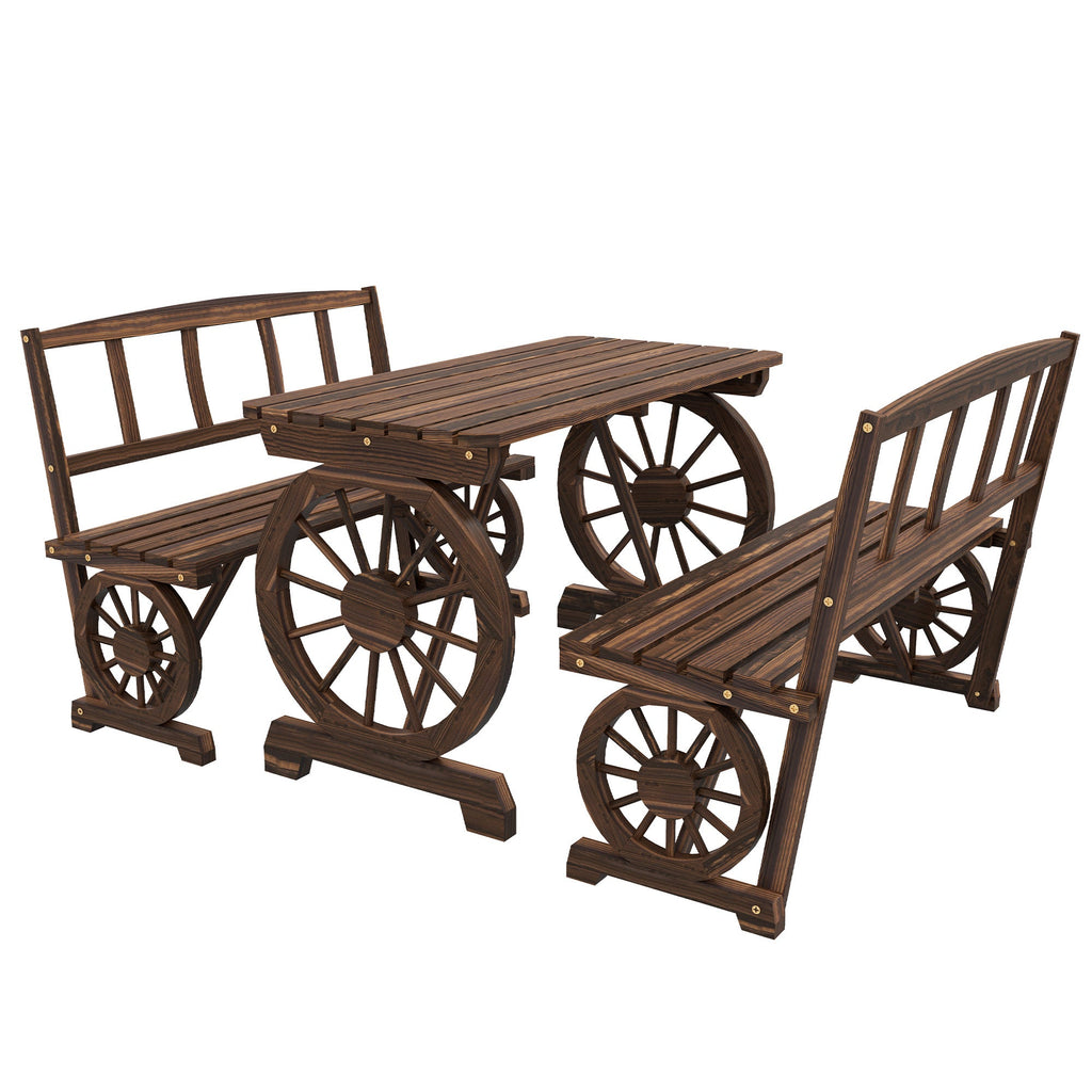 3PC Outdoor Wooden Table & Chairs for 4, Carriage Wheels Patio Set for Porch, Carbonized