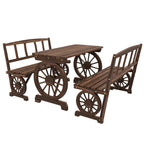 3PC Outdoor Wooden Table & Chairs for 4, Carriage Wheels Patio Set for Porch, Carbonized