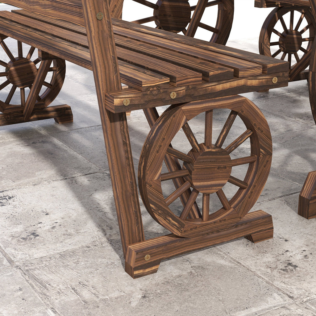 3PC Outdoor Wooden Table & Chairs for 4, Carriage Wheels Patio Set for Porch, Carbonized