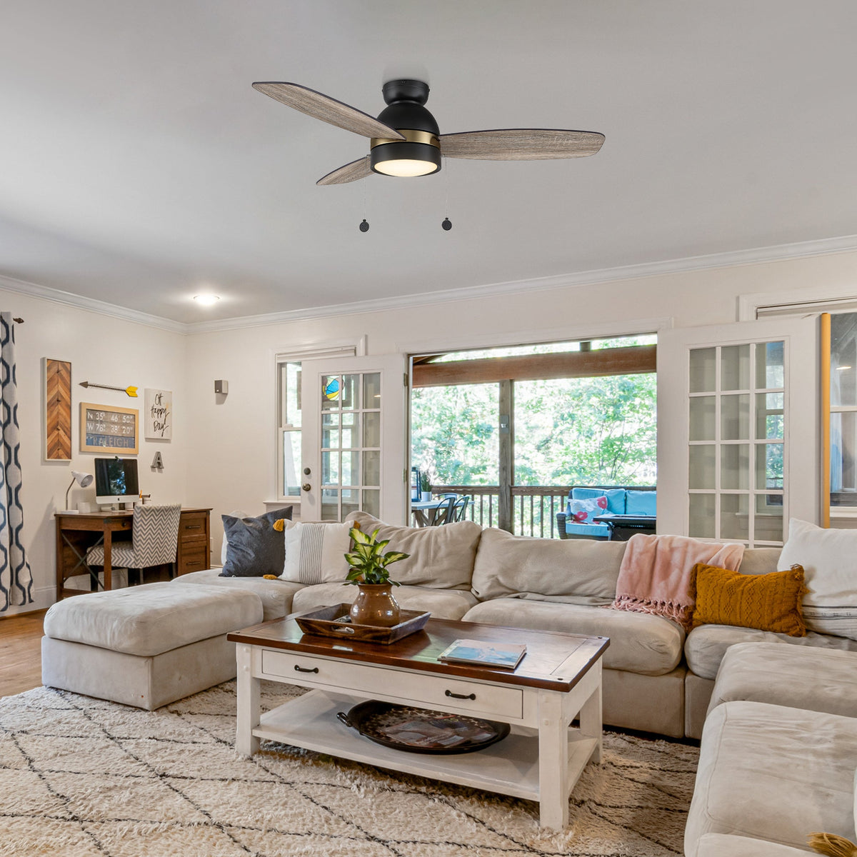 GREENWOOD 48" 3-Blade Flush Mount Ceiling Fan with LED Light & Pull Chain