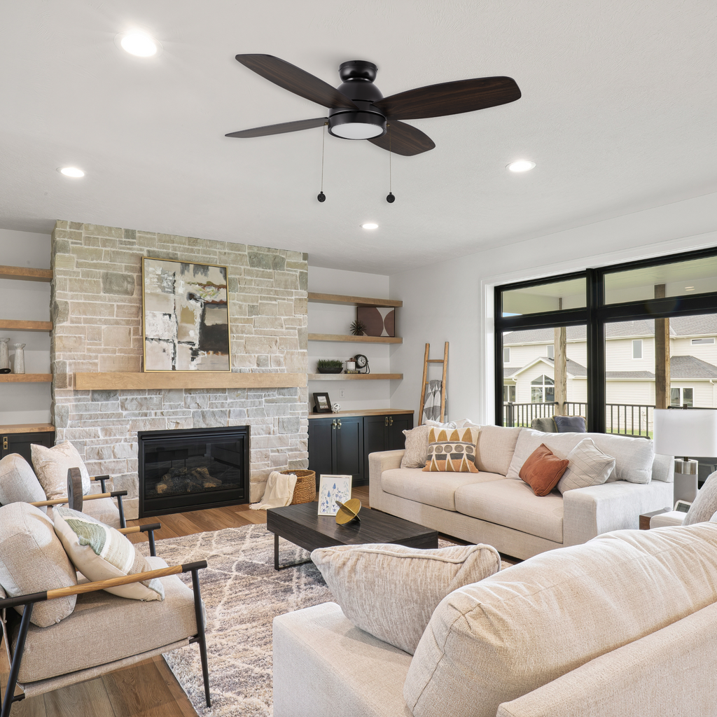 GREENWOOD 48" 4-Blade Flush Mount Ceiling Fan with LED Light & Pull Chain