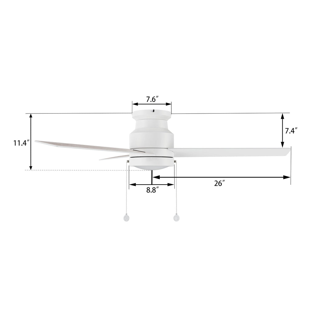 ASCOTT 52 inch 3-Blade Flush Mount Ceiling Fan with LED Light & Pull Chain
