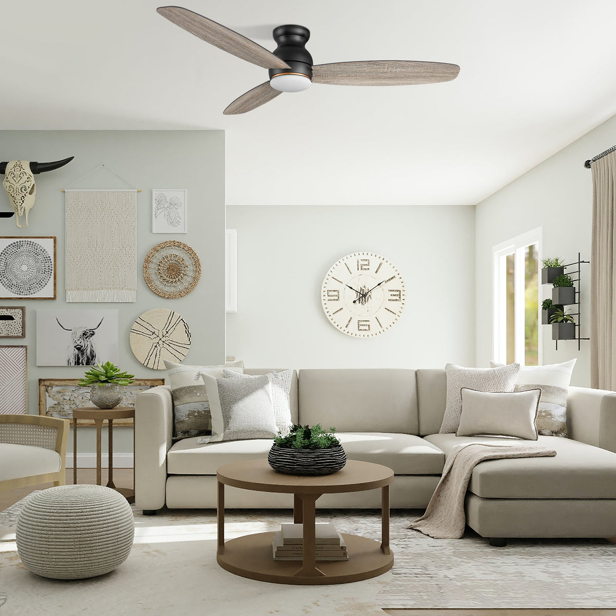 HONITON 60 inch 3-Blade Flush Mount Ceiling Fan with LED Light & Remote