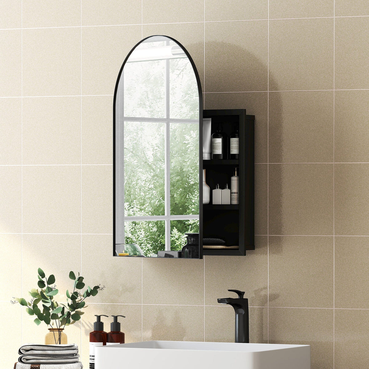 HOMCOM Bathroom Mirror Cabinet with Mirror, Arched Wall Mounted Bathroom Cabinet with Storage Shelves, Black - Wise Galleria Bathroom Mirrors
