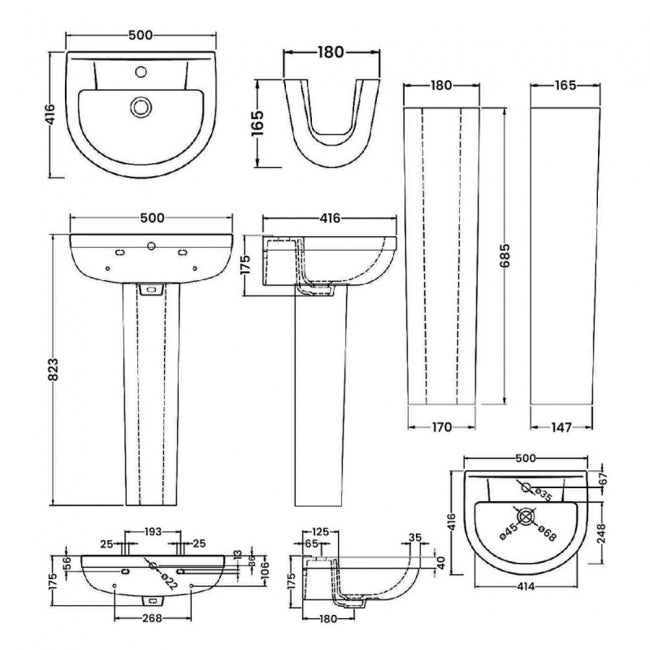 Harmony Basin with Pedestal - 500mm Wide - 1 TH - White