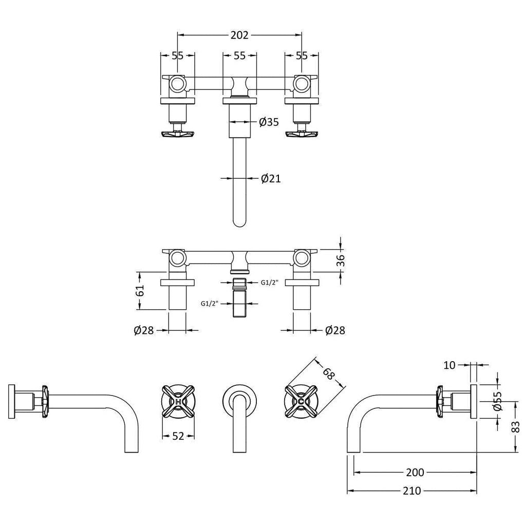 Cylin 3 Hole Wall Mounted Basin Mixer Tap