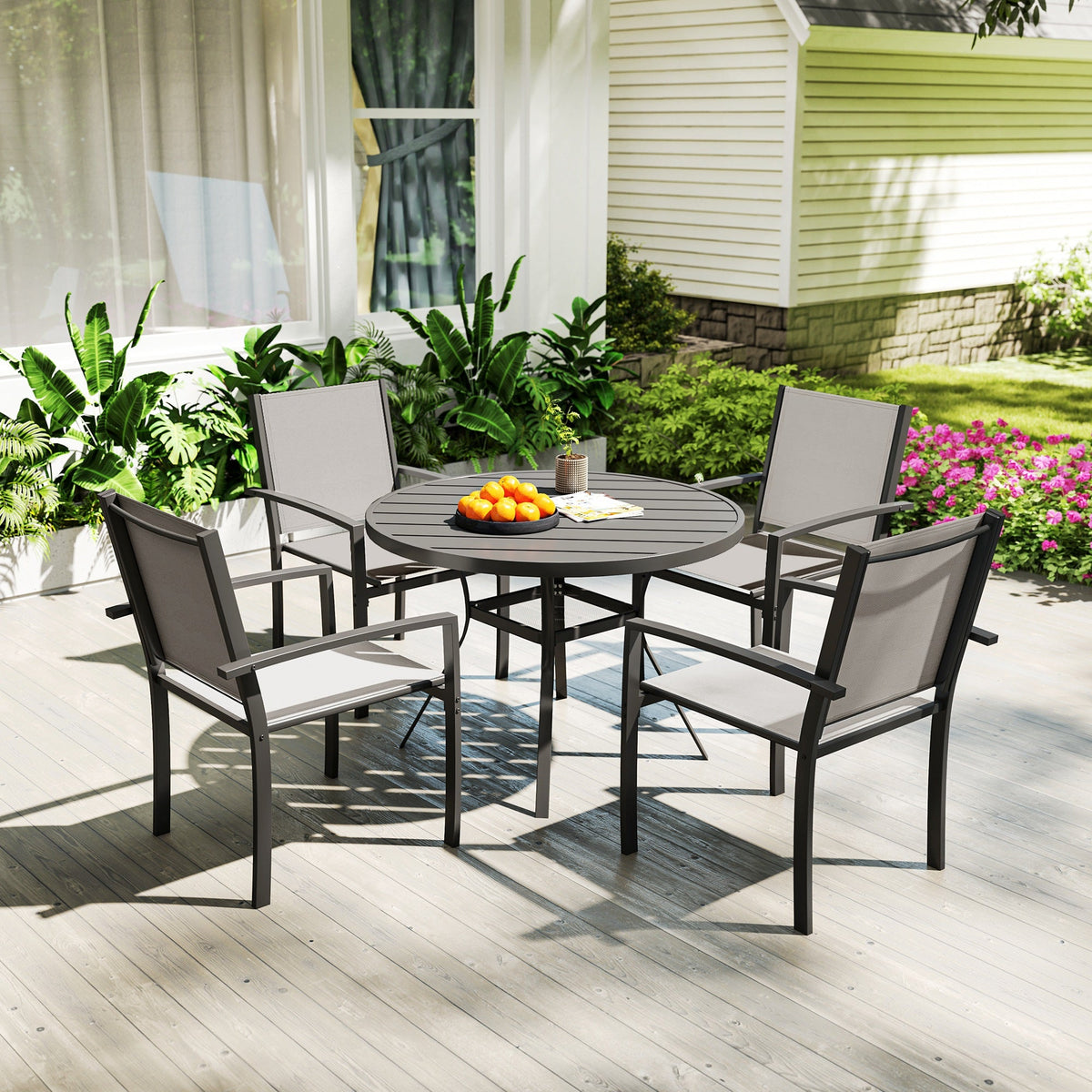 5 Piece Garden Dining Set with Round Table & 4 Stackable Chairs, Dark Grey