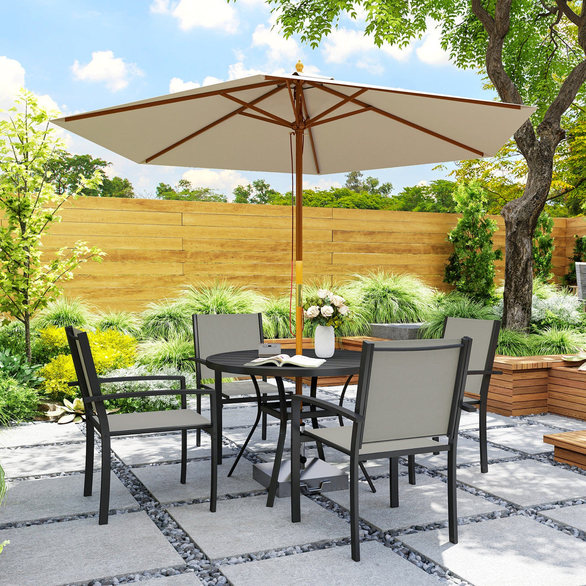 5 Piece Garden Dining Set with Round Table & 4 Stackable Chairs, Dark Grey