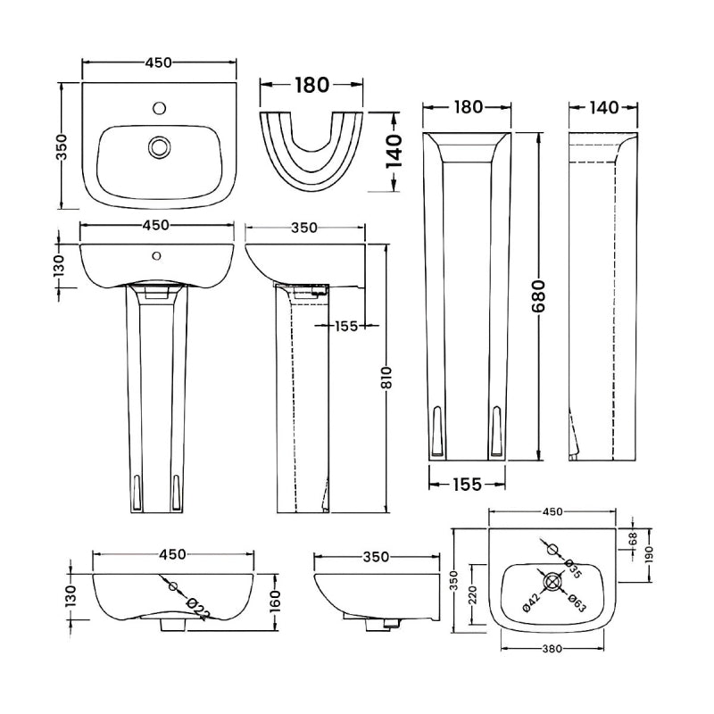 Line Basin with Pedestal - 1 TH - White