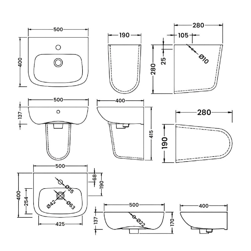 Line Basin with Pedestal - 1 TH - White