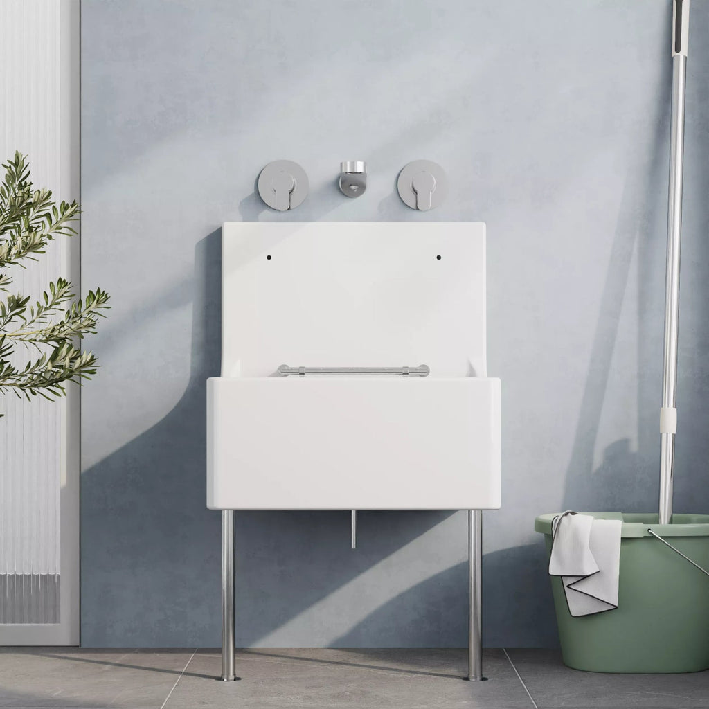 Inspire Single Bowl Traditional Cleaner Sink With Grid, Legs, Wall Bracket And Backsplash - White