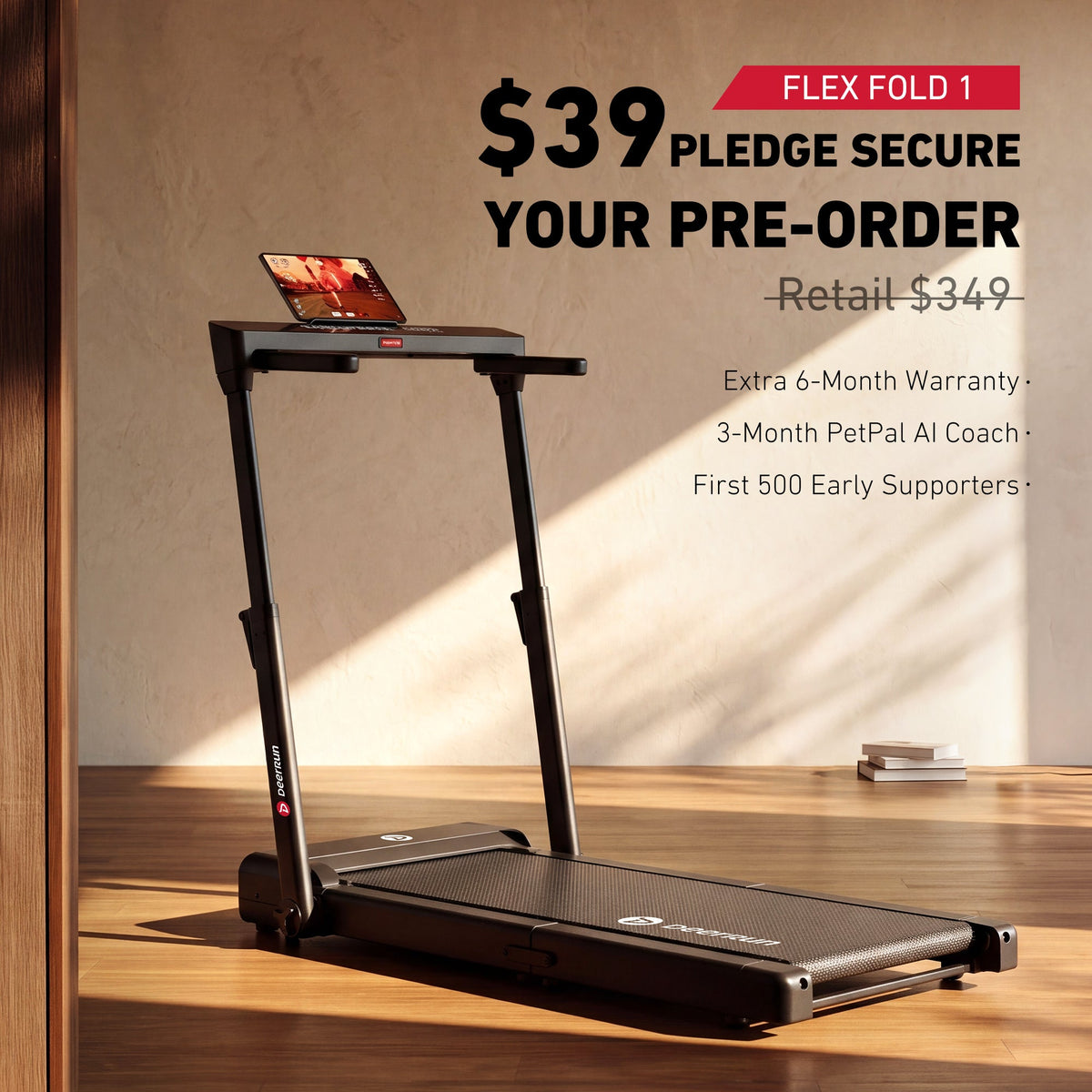 DeerRun Flex Fold 1 Fold-in-Half Treadmill With Handrail for Walking & Jogging