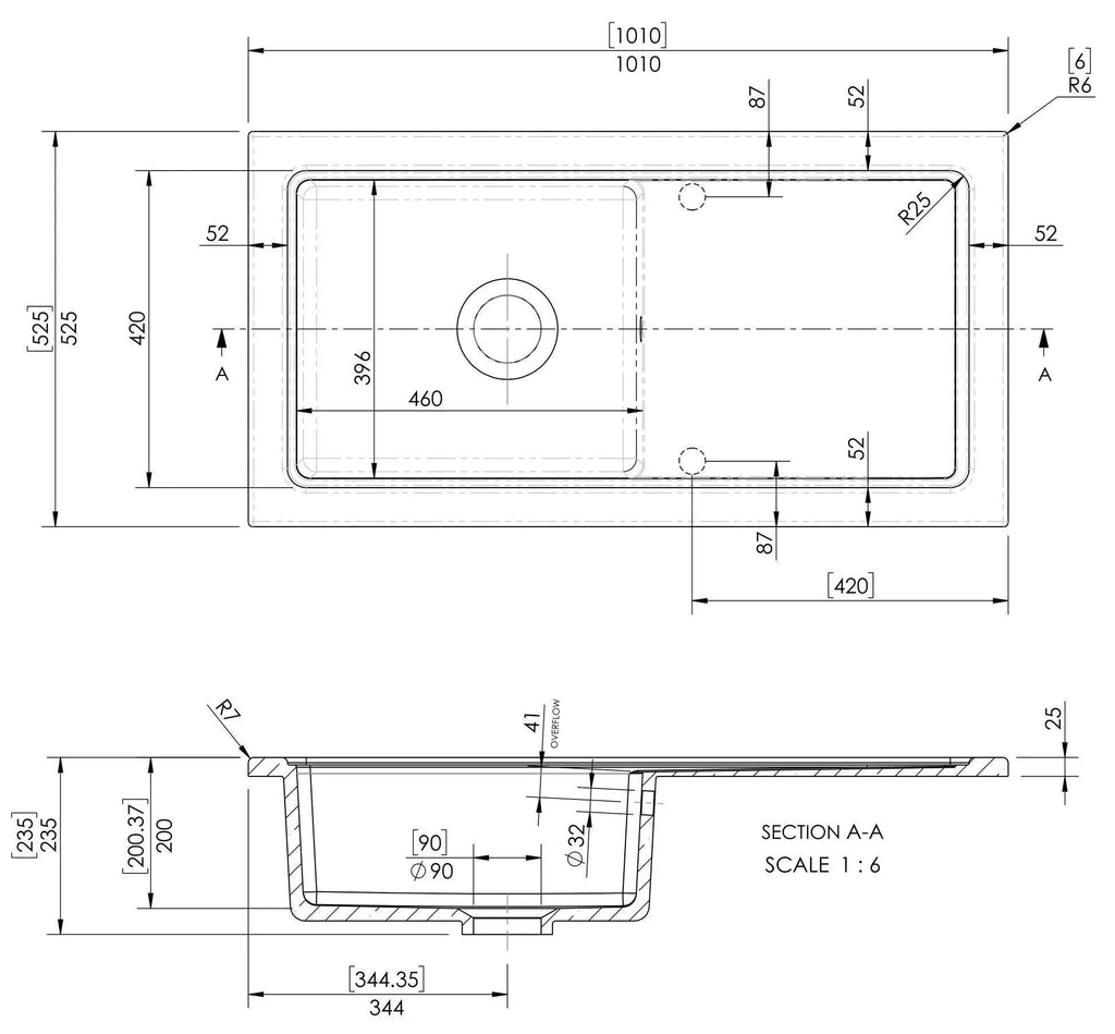 Inspire 1010mm Single Bowl Rectangular Plain Countertop Drainer Sink