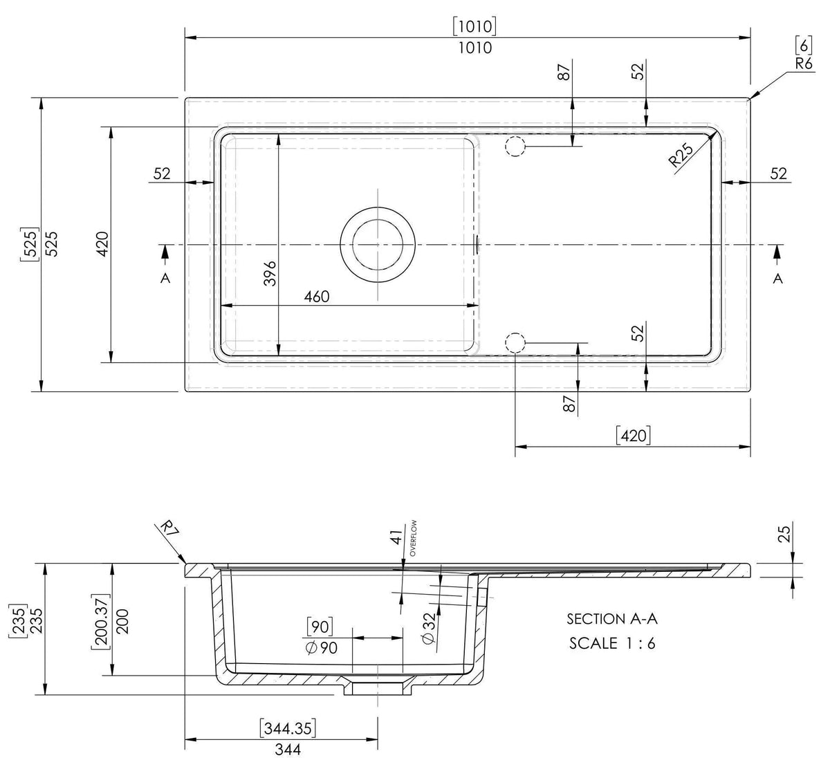 Inspire 1010mm Single Bowl Rectangular Plain Countertop Drainer Sink