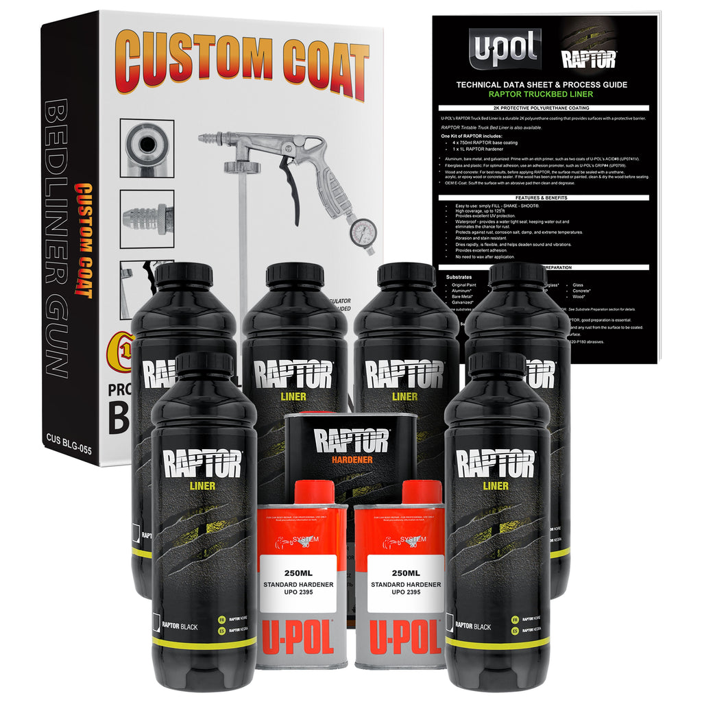 Raptor 1 Gallon Kit - Black Urethane Spray-On Truck Bed Liner Kit with Custom Coat Spray Gun with Regulator