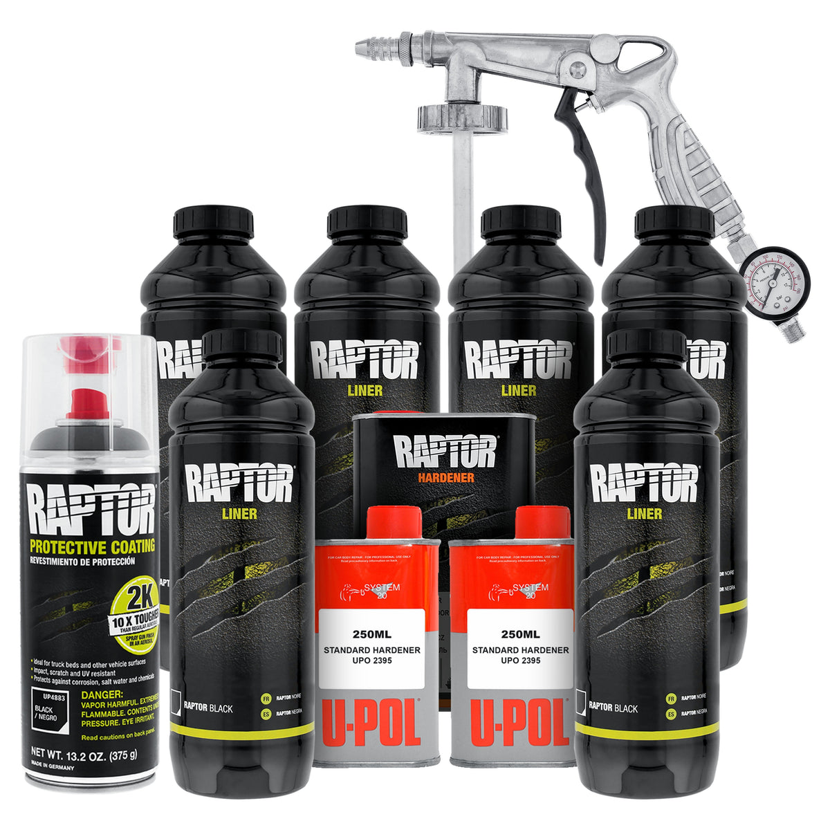 Raptor 1.5 Gallon Kit - Black Urethane Spray-On Truck Bed Liner Kit with Custom Coat Spray Gun with Regulator - Bonus Aerosol Bedliner Can