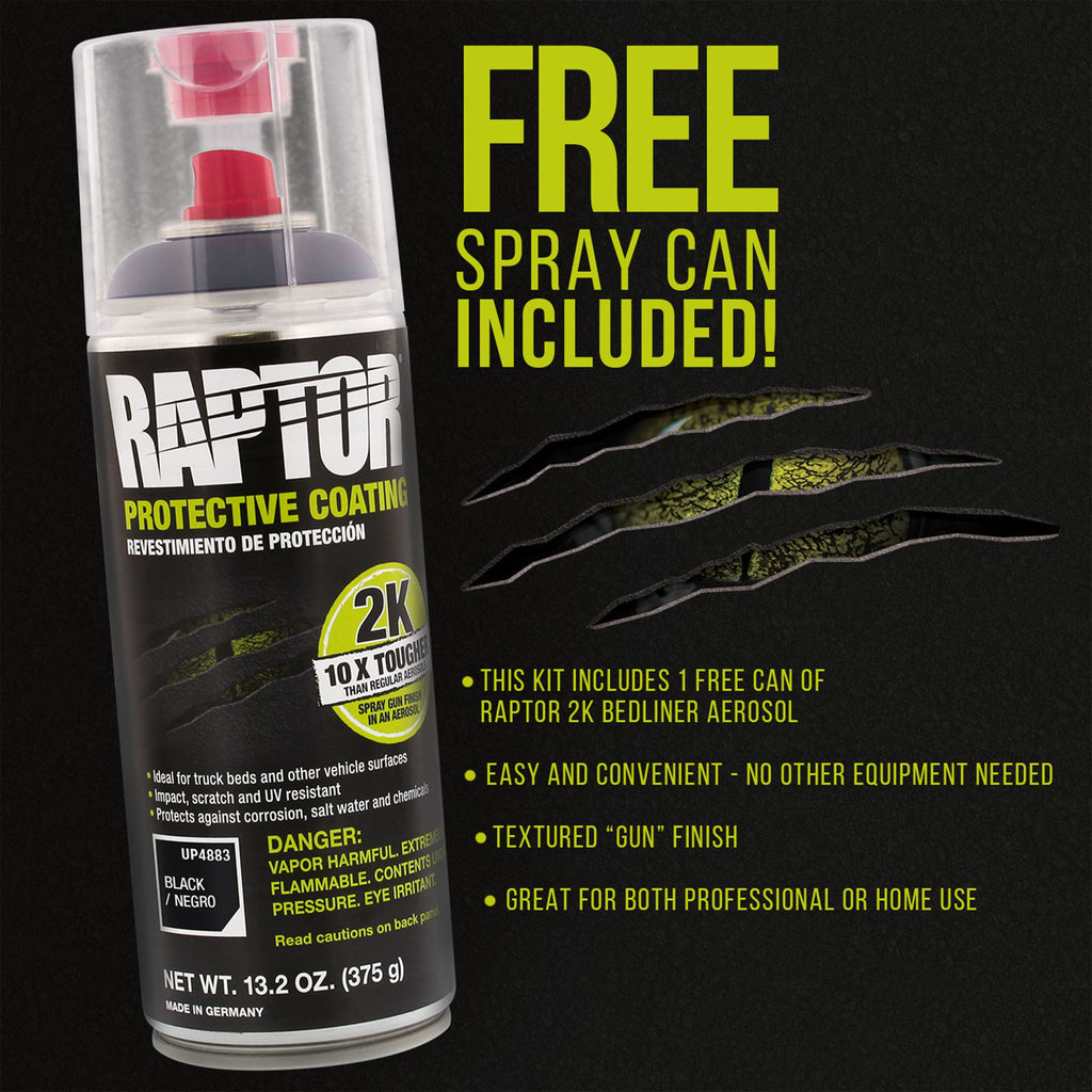 Raptor 1.5 Gallon Kit - Black Urethane Spray-On Truck Bed Liner Kit with Custom Coat Spray Gun with Regulator - Bonus Aerosol Bedliner Can
