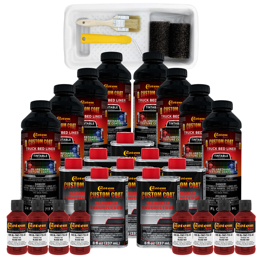 Blood Red 2 Gallon Urethane Roll-On, Brush-On or Spray-On Truck Bed Liner Kit with Roller and Brush Applicator Kit - Textured Protective Coating