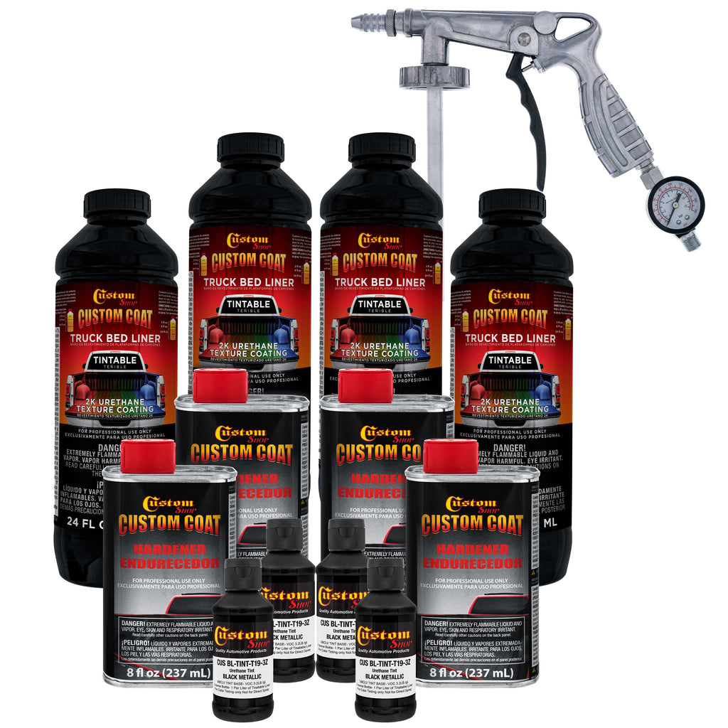Black Metallic 1 Gallon Urethane Spray-On Truck Bed Liner Kit with Spray Gun and Regulator - Mix, Shake & Shoot - Durable Textured Protective Coating