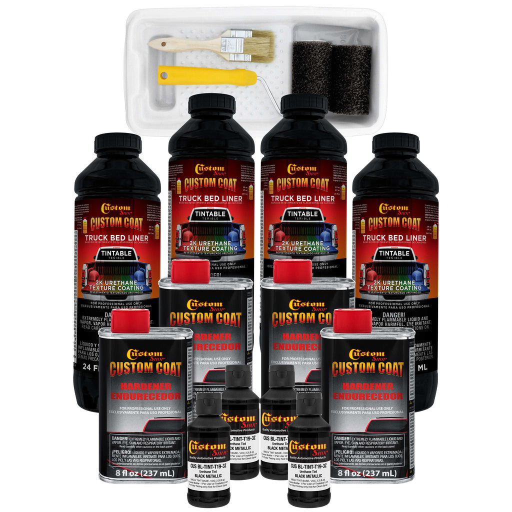 Black Metallic 1 Gallon Urethane Roll-On, Brush-On or Spray-On Truck Bed Liner Kit with Roller and Brush Applicator Kit - Textured Protective Coating