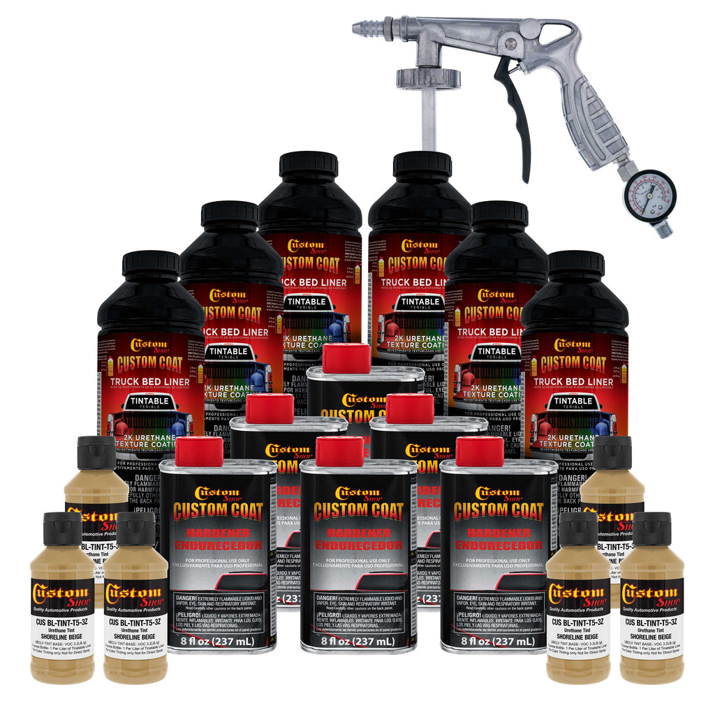 Shoreline Beige 1.5 Gallon (6 Quart) Urethane Spray-On Truck Bed Liner Kit, Spray Gun & Regulator - Mix, Shake & Shoot - Textured Protective Coating