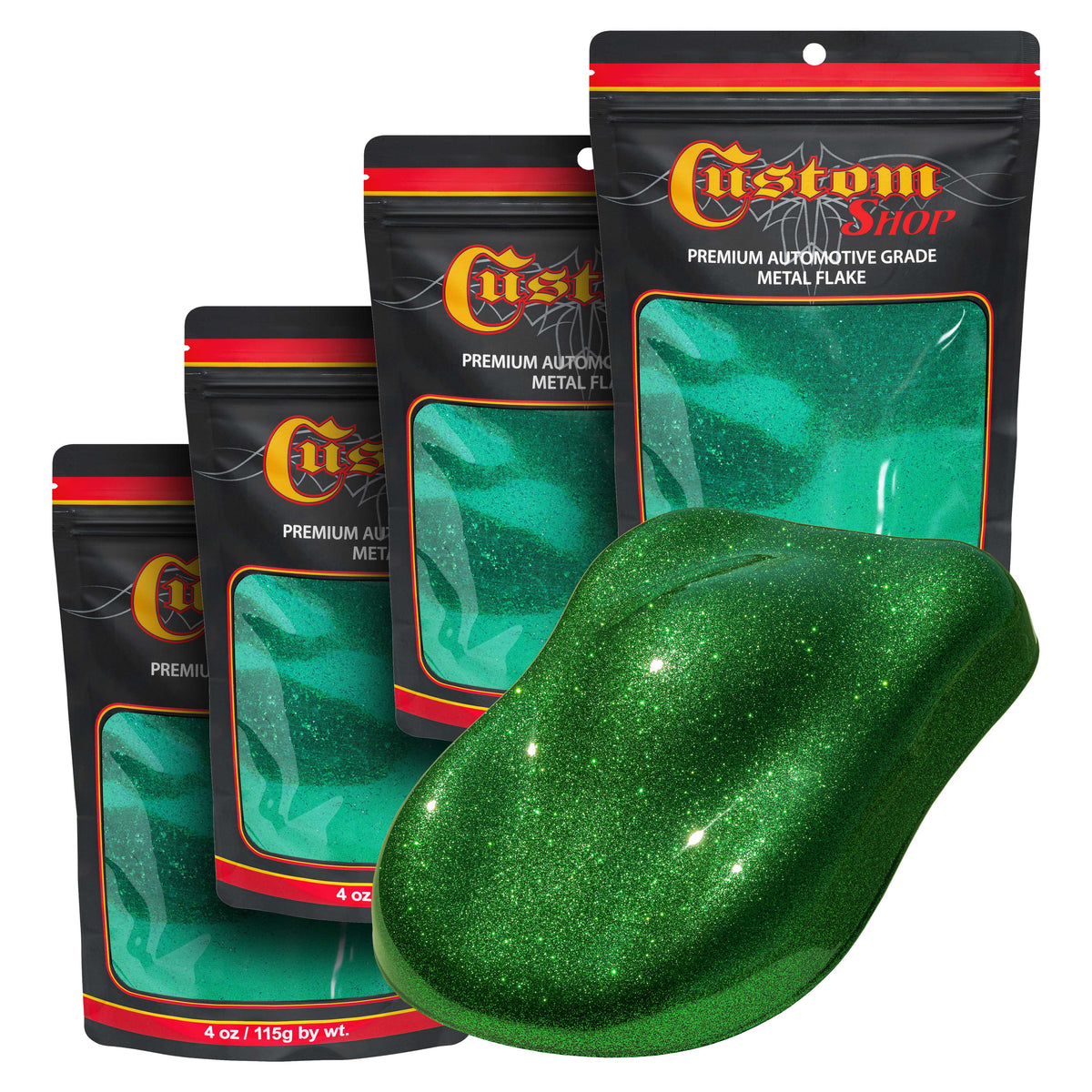 Metal Flake for Automotive Paint, Emerald Green, 4oz (4 Pack) 16oz Total, Large .025" Metal Flakes for Car Paints, UV Resistant Glitter Paint