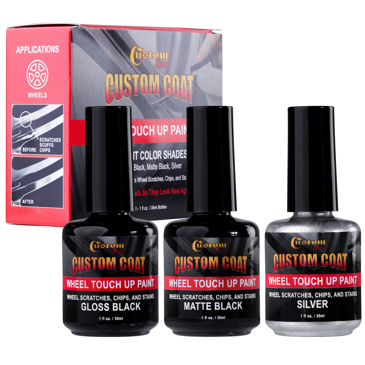 Rim Touch Up Paint Kit, Repair Scratches, Chips - 3 Colors Gloss Black, Matte Black, Silver
