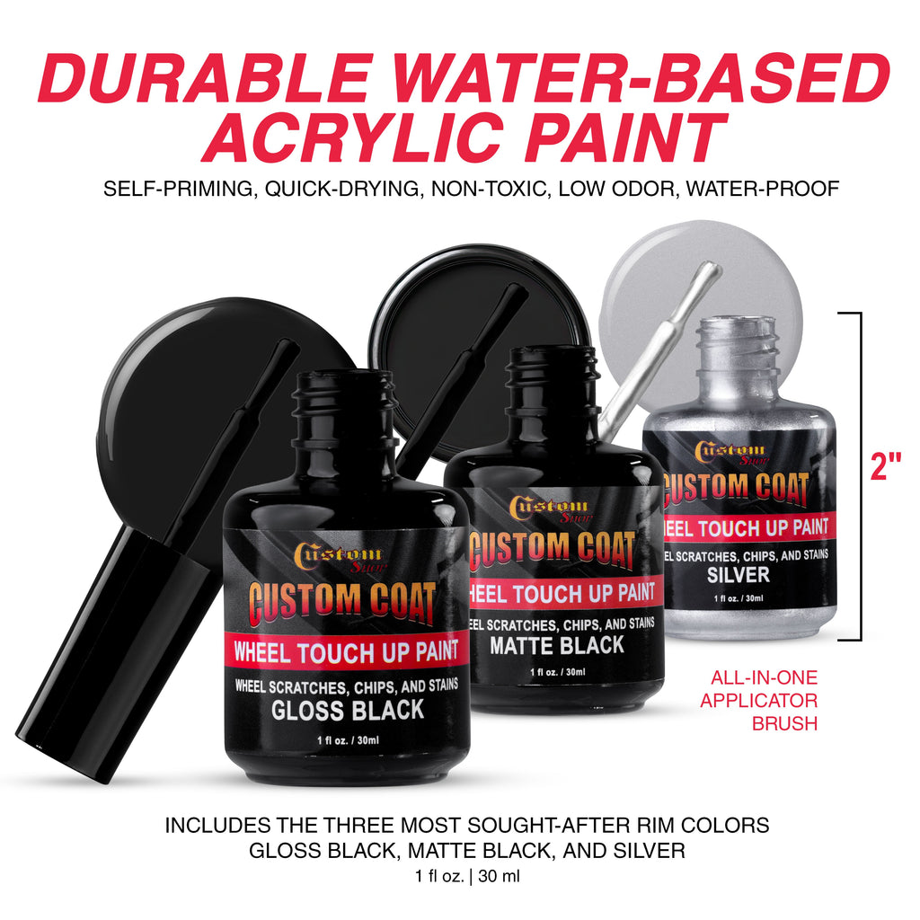 Rim Touch Up Paint Kit, Repair Scratches, Chips - 3 Colors Gloss Black, Matte Black, Silver